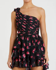 Black One Shoulder Ruffled Rose Print Layered High-Low Dress - FINAL SALE