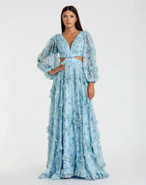 Blue Ruffle Tiered Floral Cutout Long Sleeve Gown