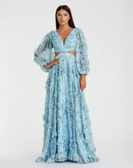 Blue Ruffle Tiered Floral Cutout Long Sleeve Gown