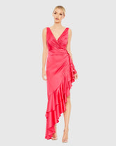 Pink Asymmetrical Ruffled Hem V Neck Dress - FINAL SALE