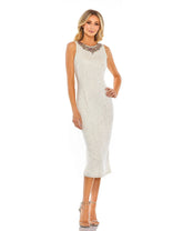White Jeweled High Neck Sequin Sheath Dress