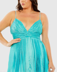 Blue Rhinestone High Low Pleated Gown