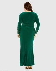 Green Long Crystal Detail Sleeve V Neck Gown