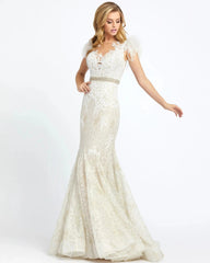 White Embellished Feather Cap Sleeve Illusion Neck Trumpet Gown