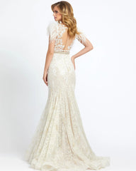 White Embellished Feather Cap Sleeve Illusion Neck Trumpet Gown