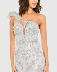 Blue Embroidered Applique Feathered One Shoulder Trumpet Gown