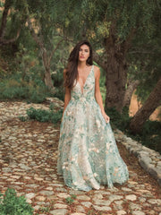 Multicolor Floral Embroidered Illusion V-Neck Gown