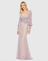 Purple Lace Long Sleeve V Neck Embellished Gown