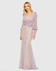 Purple Lace Long Sleeve V Neck Embellished Gown
