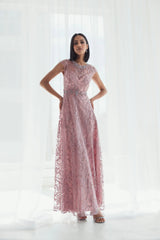 Pink Embroidered Cap Sleeve A Line Gown