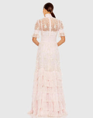 Pink Floral Embroidered Smock Neck Tiered Ruffle Dress