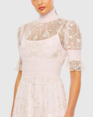 Pink Floral Embroidered Smock Neck Tiered Ruffle Dress