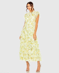 High Neck Ruffle Cap Sleeve Floral Dress