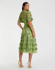 Green Floral Flutter Sleeve Mesh Print Dress