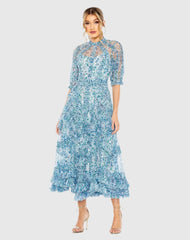 Blue Mesh Puff Sleeve Floral Print Dress