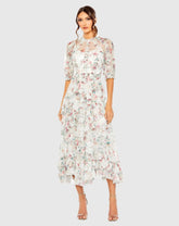 White Multicolor Mesh Puff Sleeve Floral Print Dress