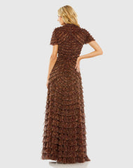 Brown Ruffle Tiered High Neck Gown