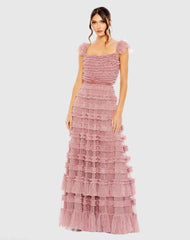 Ruffle Cap Sleeve Tiered Ruffle Gown