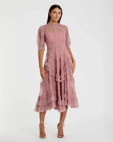 Pink High Neck Ruffle Tiered A-Line Midi Dress