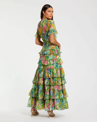 Green Ruffle Tiered Chiffon Floral Dress