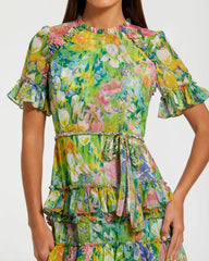Green Ruffle Tiered Chiffon Floral Dress