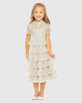 White Girls High Neck Embroidered Short Sleeve Dress