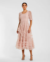 Pink Short Sleeve Mesh Micro Ruffle Midi Dress