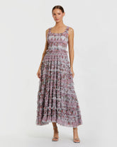 Purple Sleeveless Floral Midi Dress with Tiered Ruffles