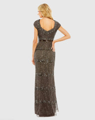 Brown Sequin Cap Sleeve Sweetheart Column Gown