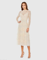 Sequined Illusion High Neck Long Sleeve Midi Dress