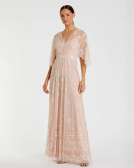 Pink V Neck Flounce Sleeve Embellished Mesh Gown