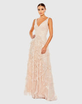 Pink Sequined Scallop Ruffle Tiered V-Neck Gown