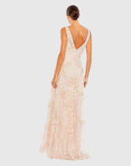 Pink Sequined Scallop Ruffle Tiered V-Neck Gown