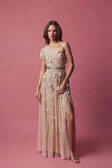 Pink Floral Embellished One Shoulder A Line Gown