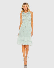 Green Embellished Ruffle Tiered High Neck Floral Dress