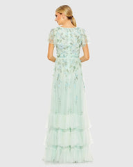 Green Ruffle Tiered Embellished Faux Wrap Flutter Sleeve Gown