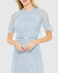 Blue Sequined High Neck Flutter Sleeve A Line Gown