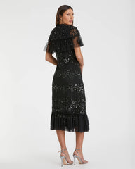Black Sequined High Neck Ruffled Midi Dress