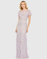 Purple Embellished Cap Sleeve Ruffle Tiered Gown
