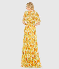 Yellow High Neck A-Line Floral Gown with Cape Sleeves