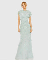 Blue Floral Embellished High Neck Flutter Sleeve Gown