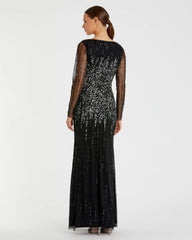 Black High Neck Sequin Embellished Long Sleeve A Line Gown