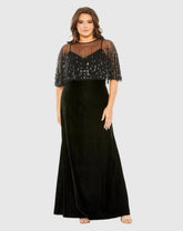Black Sleeveless Velvet Gown With Embellished Cape (Plus)