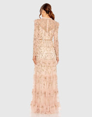 Pink High Neck Flutter Cap Long Sleeve Tiered Embellished Gown