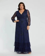 Navy Puff Sleeve V-Neck Tiered Embellished Gown (Plus)