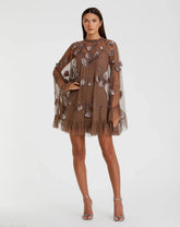 Brown Embellished Long Flare Sleeve Mesh A-Line Dress