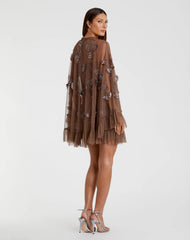 Brown Embellished Long Flare Sleeve Mesh A-Line Dress