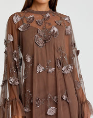 Brown Embellished Long Flare Sleeve Mesh A-Line Dress