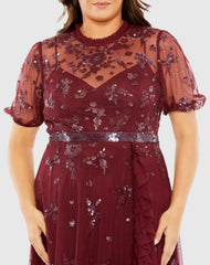 Red Short Sleeve Embellished Faux Wrap Gown (Plus)