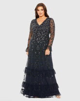 Navy V-Neck Embellished Long Flutter Sleeve Gown